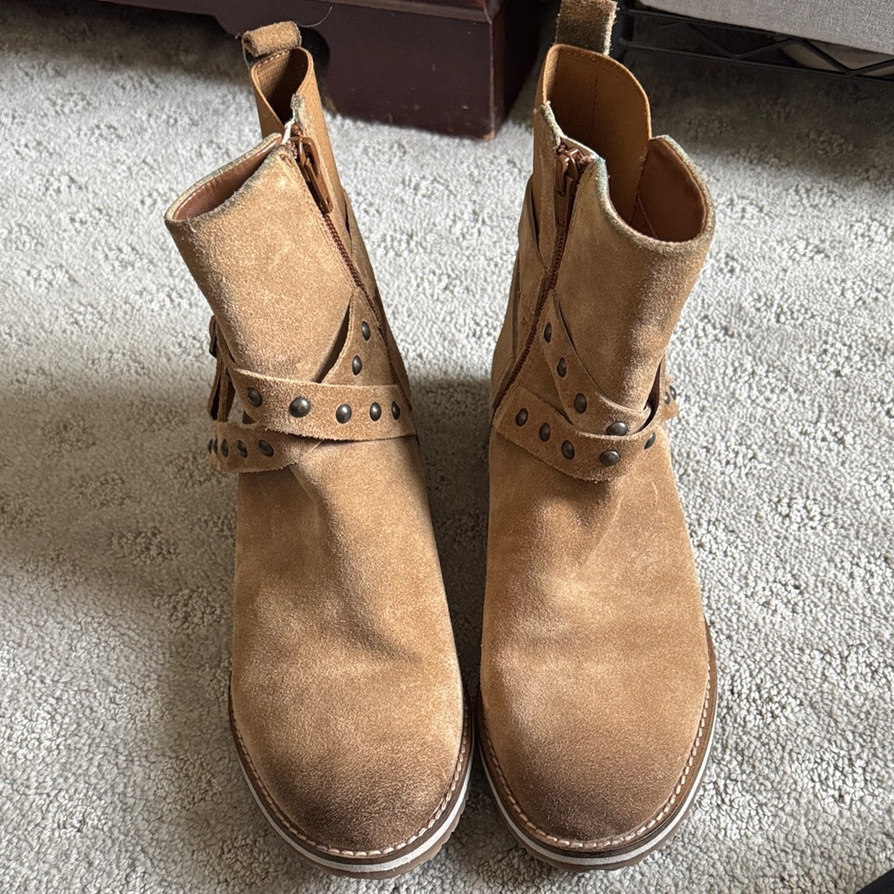 Crevo Tan Suede Ankle Boots with Studded Straps